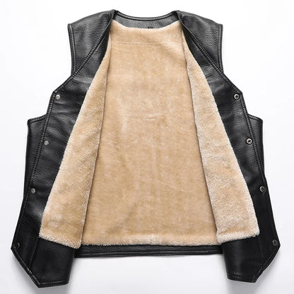 2024 Winter Men Thick Warm Fleece Leather Vest Coat  Male V-Neck Single Breasted Vest Casual Male Clothing Outerwear