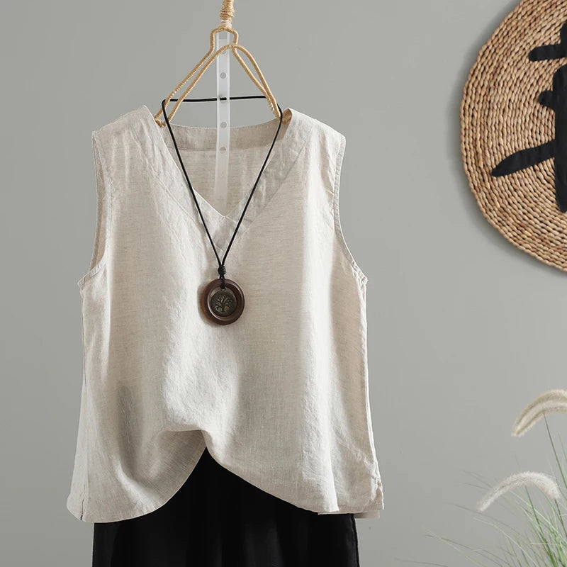 Slimming Pure Color Cotton Linen Lightweight Sleeveless round Neck Inner Wear Large Size Women's Fashionable Versatile Top