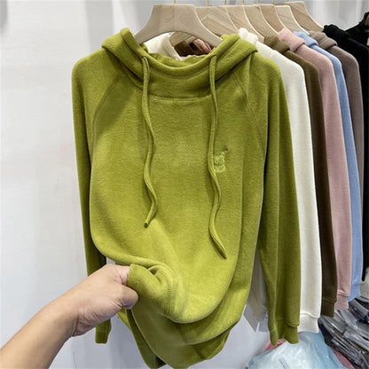 Women's Loose Fit Hoodie Korean Sle Embroidered Dstring Fce Lined Sweatirt Autumn Winter New Arrival