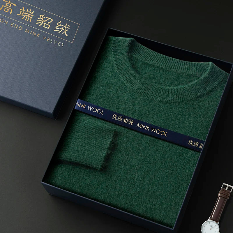 100% Pure Mink Cashmere Men's Round Neck Sweater For Autumn Winter, Casual Knitted Long Sleeved Pullover Sweater Men's Clothng