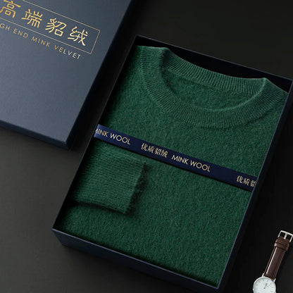 100% Pure Mink Cashmere Men's Round Neck Sweater For Autumn Winter, Casual Knitted Long Sleeved Pullover Sweater Men's Clothng