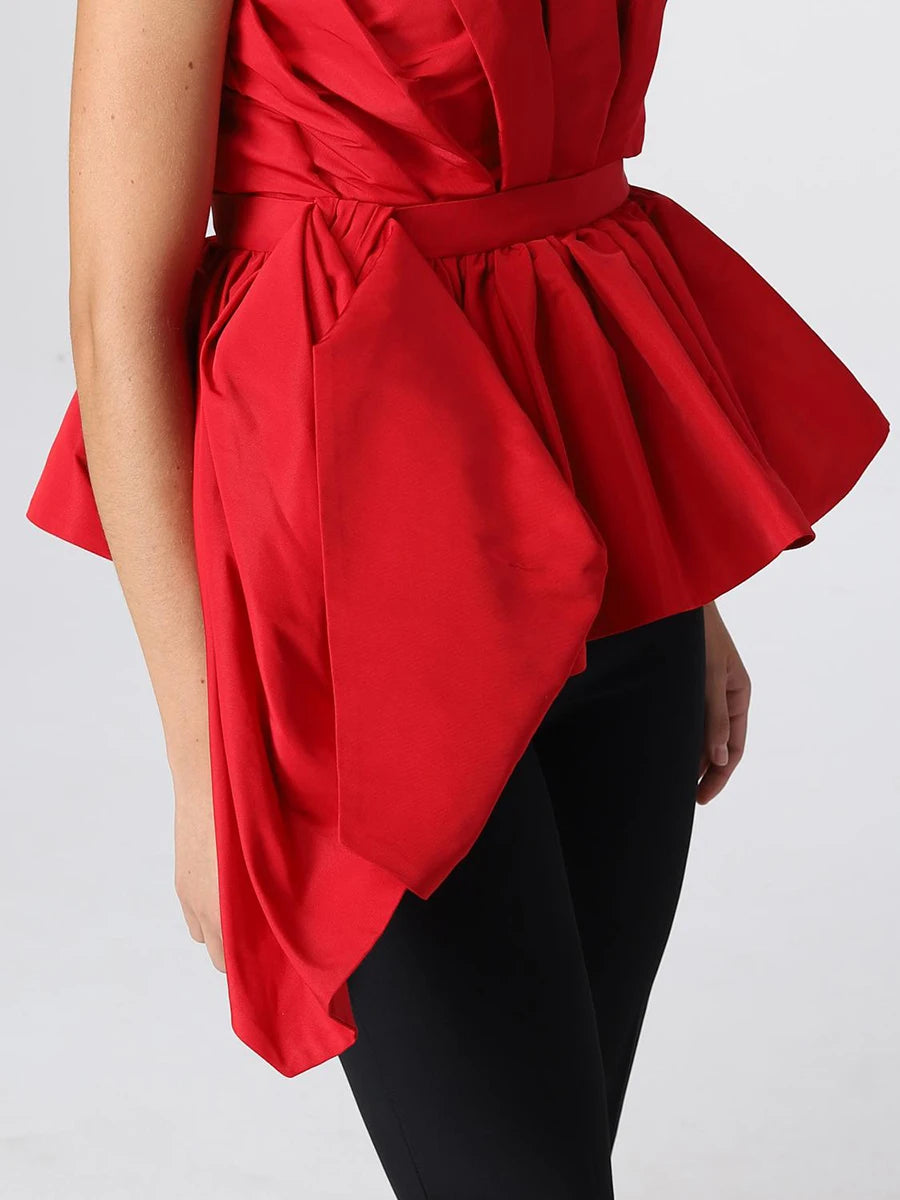 VGH Sexy Red Color Spliced Folds Tank Top for Women Sweatheart Neck Sleeveless Patchowrk Zipper Irregular Hem Vest Female Summer