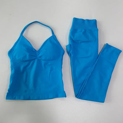 2 Pieces Sports Set Women Backless Tank Yoga Tops High Waist Scrunch Seamless Shorts Sport Gym Set Sportswear Workout Set
