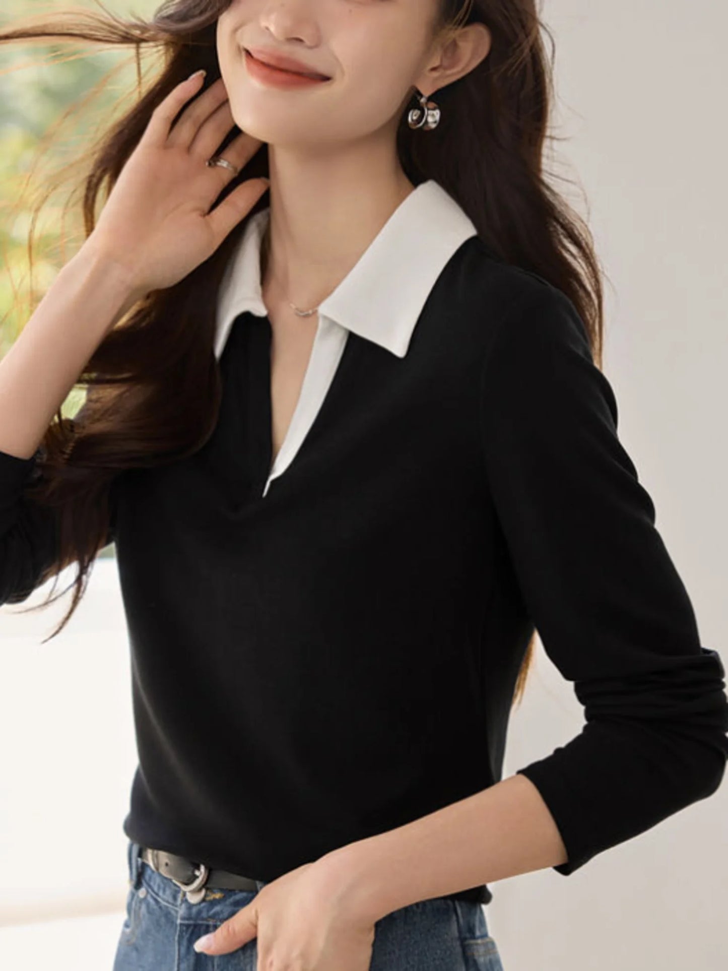 Women's solid color long-sleeved POLO shirt neckline contrast design, spring and autumn fashion casual daily knitted tops.