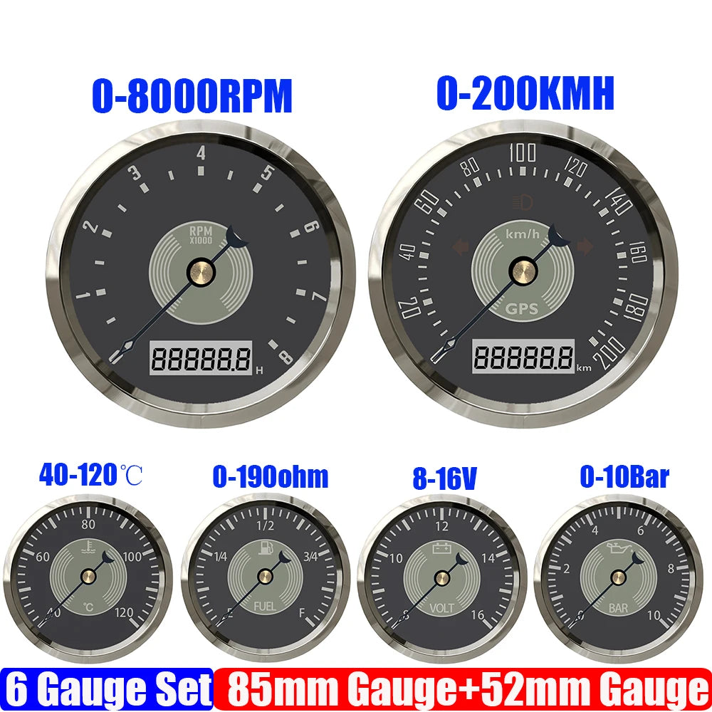 Retro 6 Gauge Set 160KMH,200KMH 85mm GPS Speedometer Gauge 8000RPM Tachometer 52mm Water Temp Oil Pressure Fuel Meter Voltmeter