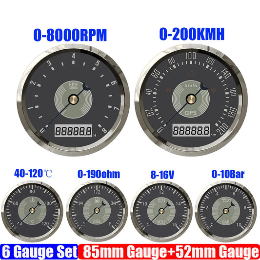 Retro 6 Gauge Set 160KMH,200KMH 85mm GPS Speedometer Gauge 8000RPM Tachometer 52mm Water Temp Oil Pressure Fuel Meter Voltmeter
