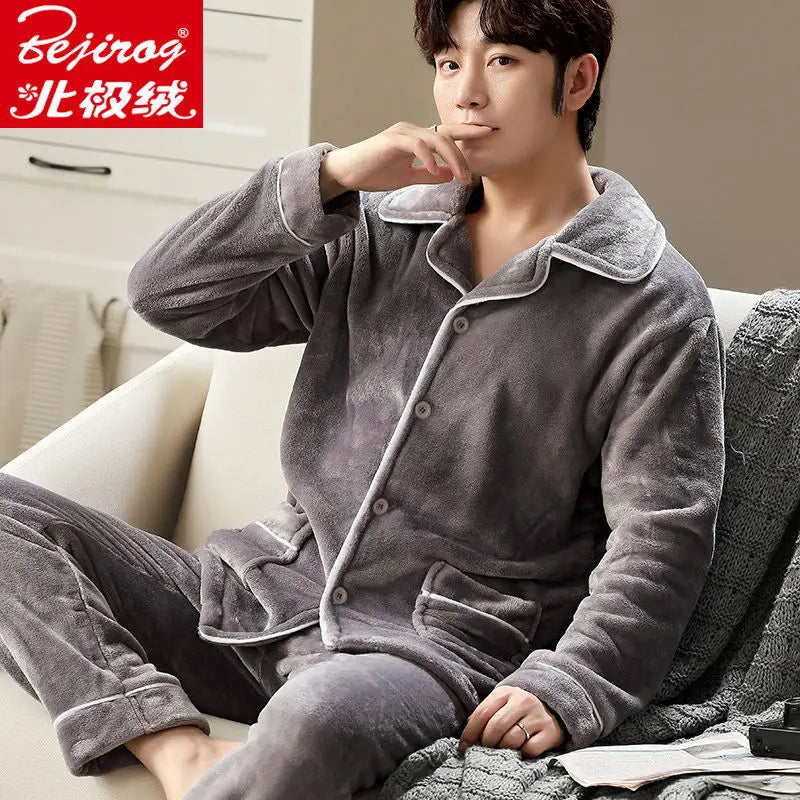 Pajama Sets Flannel Pajamas Men's Winter Thickening Warm Suit Long-sleeved Loose Home Clothes Autumn Cardigan