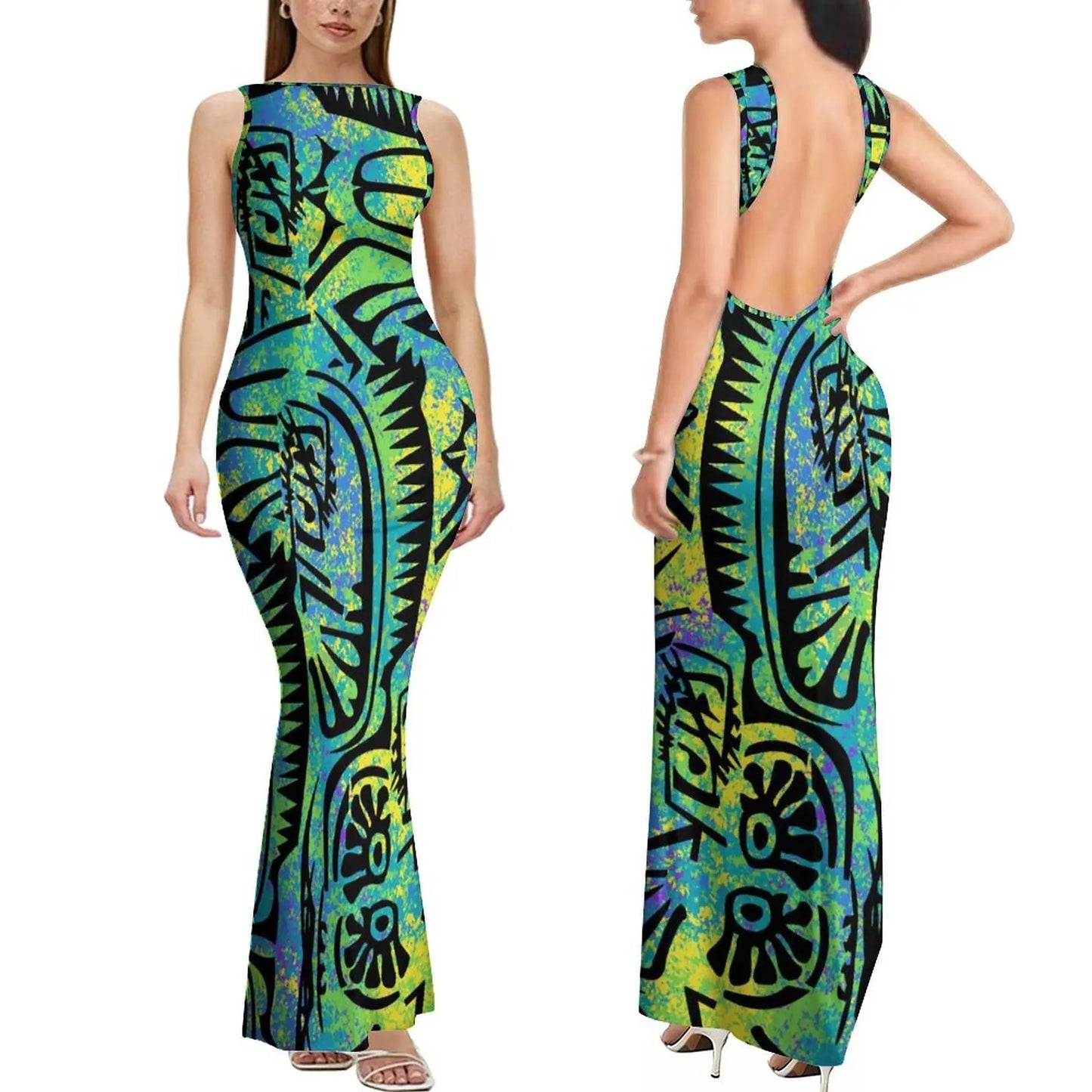 Dropshipping Custom Retro Style Design Elegant Ladies Club Dress Hawaiian Print Sleeveless Backless Dress New Zealand Prom Dress