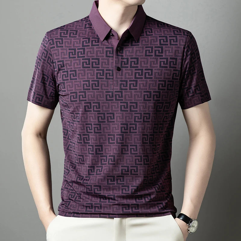 Summer Slim-Fit Men's Short-Sleeved Polo Shirt Classic Lapel Single-Breasted Placket Meander Pattern Casual Style Men's Clothing