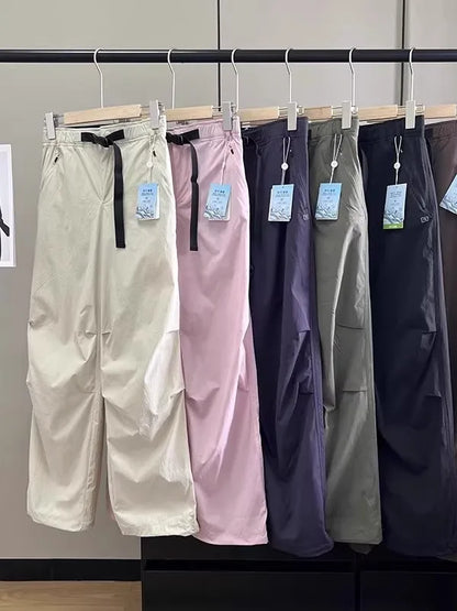 Lightweight Breathable Quick-Dry Paratrooper Pants Women's Casual Loose Fit Sunscreen Waist Cord Trousers Korean Style High W...