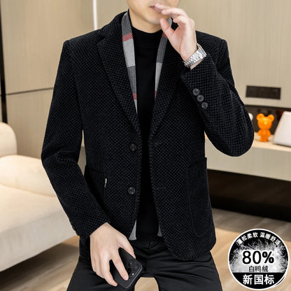 New Down Blazer Men's Business Gentleman Korean Wedding Fashion Trend Slimming Solid Color Casual High-end Down Woolen Blazer