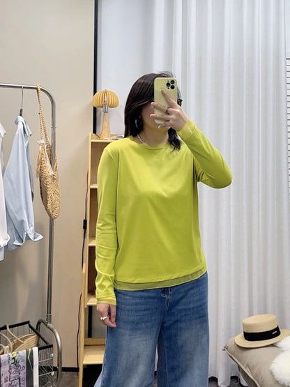 Spring New plus Size round Neck Mesh Splice Loose Long Sleeve Base Shirt Women Fat MM Slimming Belly Cover Simple T-shirt