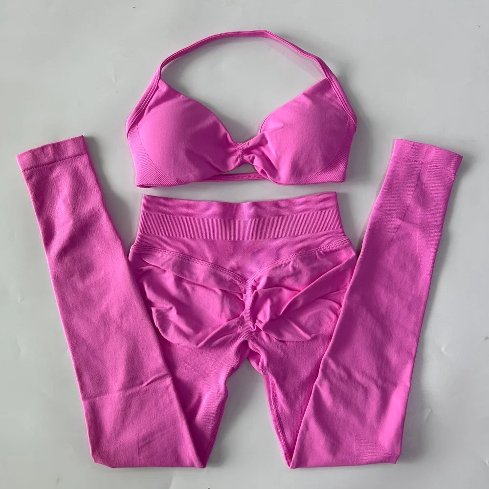 Women's 2 Piece Yoga Set High Quality Seamless Leggings And Strappy Bra Workout Gym Fitness Sportswear Resistance Training