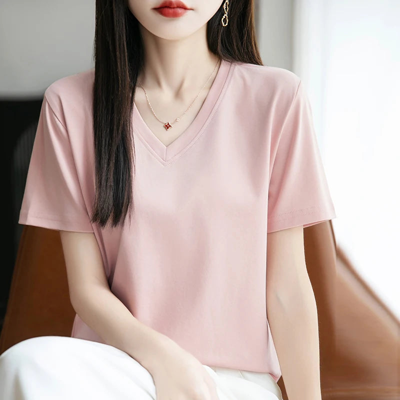 2026 Summer New Pure Cotton V-neck Short-sleeved T-shirt Women's Solid Color Joker Pullover Shirt with Loose Sleeve Bottom Shirt