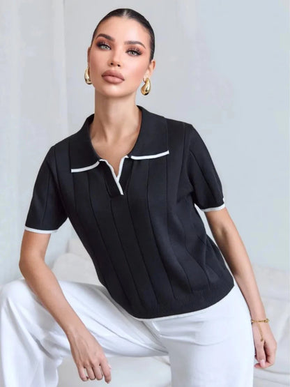 Brown Contrast White Trim Knit Polo Top for Women Short Sleeve V Neck Slim Fit Casual Knitwear