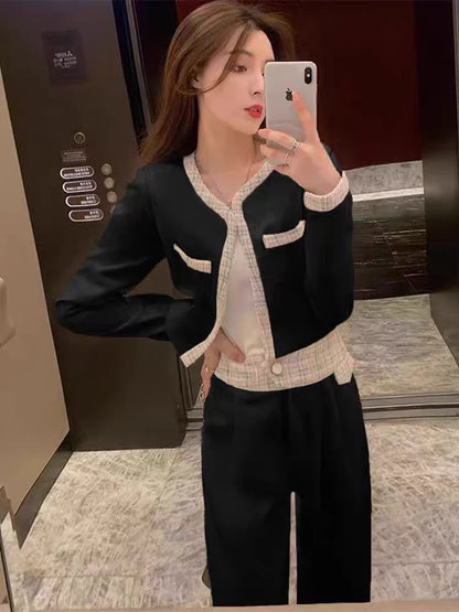 Elegant Fashion Set Women's Spring Autumn New Style Small Fragrance Wind Coat Wide Leg Pants Two Piece Set High Waist Long Pants