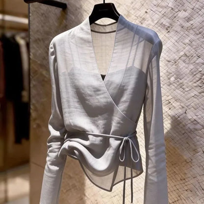 Gray Long Sleeve V-Neck Tulle Women's Shirt Design Sense Small Audience Fashionable Belted Top Commute Style Polyester
