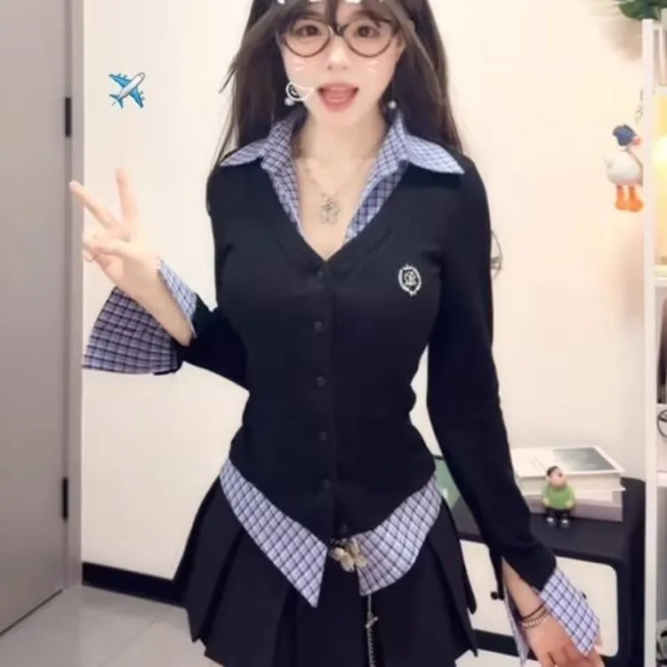 High Waist Plaid Patchwork Women's Set Spring 2025 Korean Style Fashionable Two-Piece Suit Long Sleeve  Collar Button up
