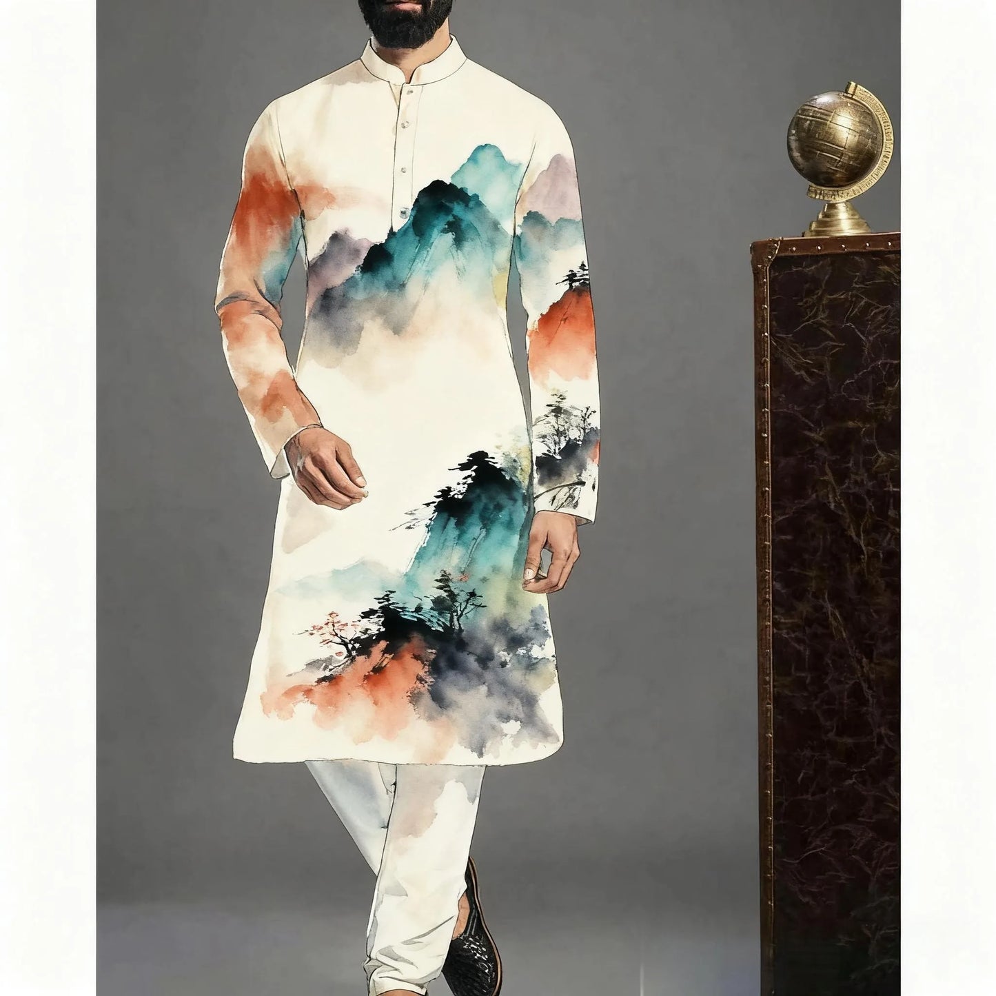 Muslim Kurtta Shirt Men Clothes Folk Kaftan Musulman Kurta Indian Islamic Clothing National Printed Long Sleeve Shirts