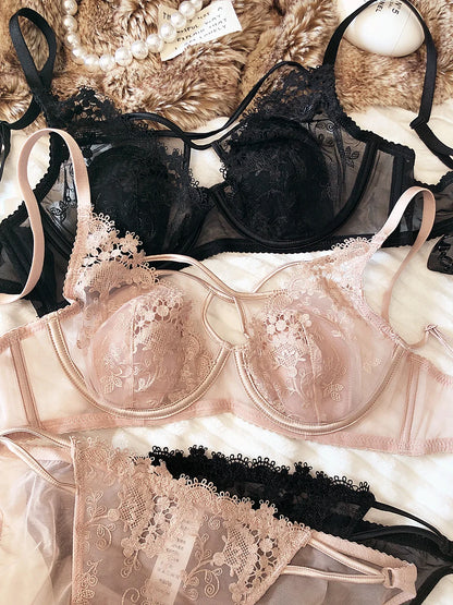 Sexy Hollow Women Underwear Lace Floral Embroidery French Ultra Thin Cup Push Up Bra Set Adjustable Strap Brassiere Panties Sets