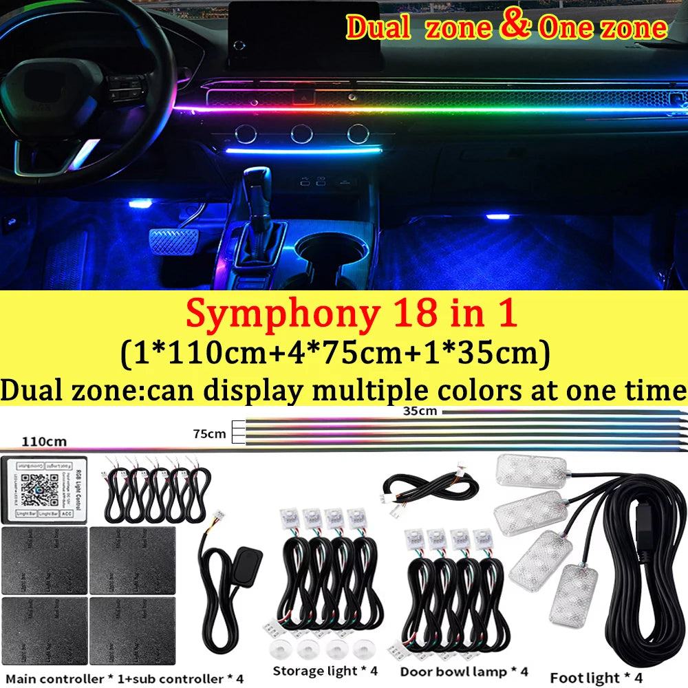 10/14/18/22 in 1 Dual Zone Hidden Acrylic RGB 64/213 Color Symphony Streamer Auto Interior Car Ambient Light Kit APP Control 12V