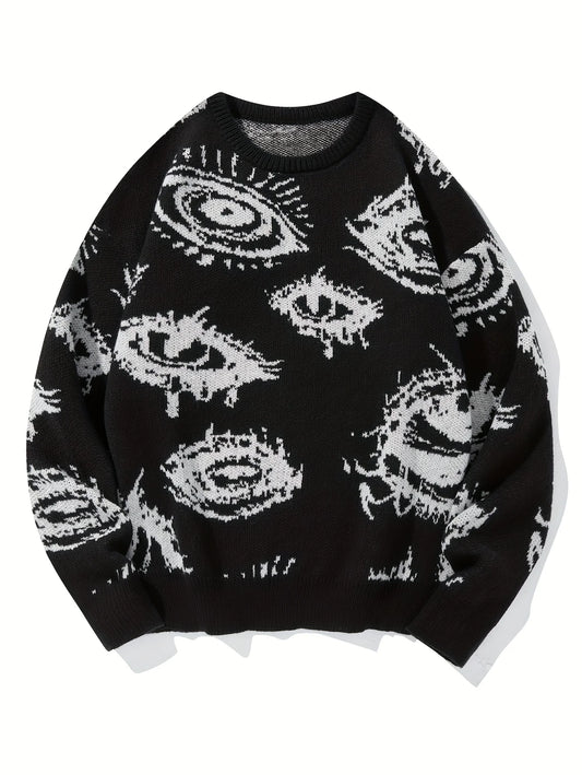 LVLAEA Men's Knit Pullover Shirt, Long Sleeve Jacquard Sweater with Eyes Pattern for Winter Fall Casual & Lounge Wear, Anti-Pill
