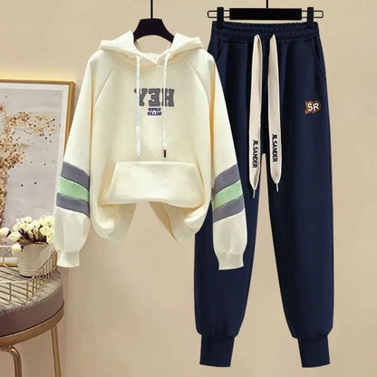 Sports Set for Women in Spring and Autumn New Korean Version Color Blocking Hooded Top Casual Pants Age Reducing Two-piece Set