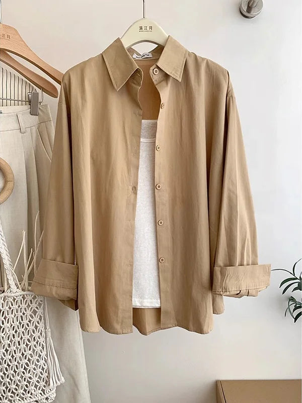 Spring Autumn Design Sensual Casual Versatile Slimming Outerwear Shirt Loose Fit Long Sleeve Polyester Flip Collar Women's Shirt