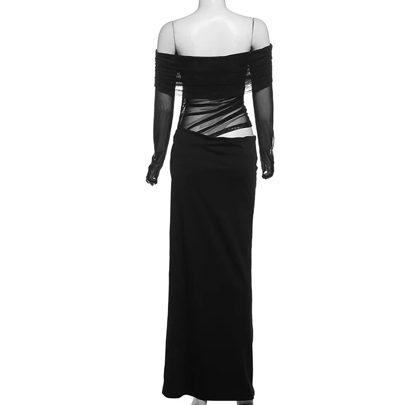 Nibber Sexy Dress Women 2025 Spring Patchwork Mesh Elegant Slash Neck Ruched Fit Chic Birthday Party Festival Vacation Vestidos