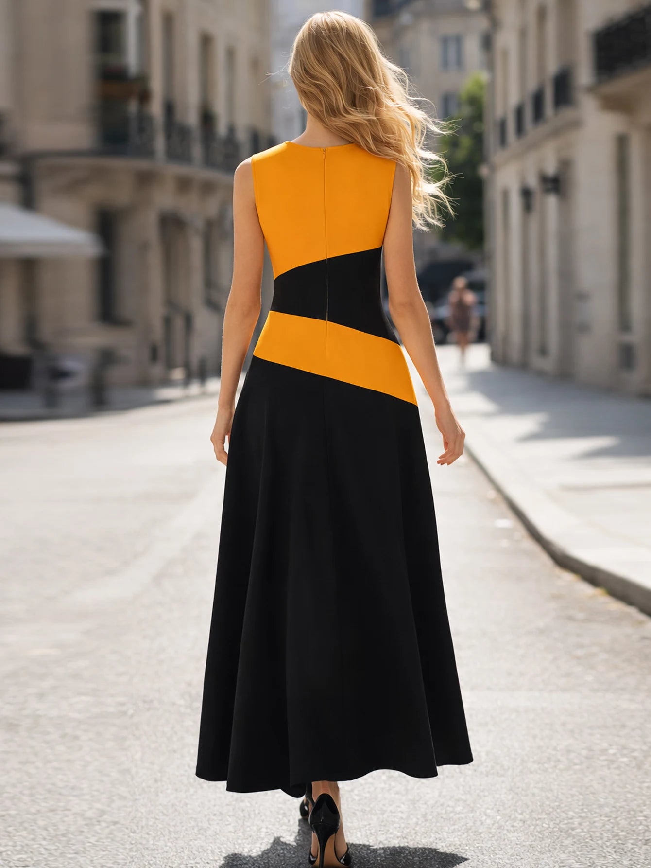 Womens Summer Sleeveless O Neck Colorblock Patchwork Elegant Maxi A-Line Casual Party Fit And Flare Skater Swing Long Dress