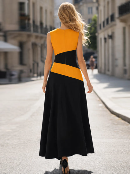 Womens Summer Sleeveless O Neck Colorblock Patchwork Elegant Maxi A-Line Casual Party Fit And Flare Skater Swing Long Dress