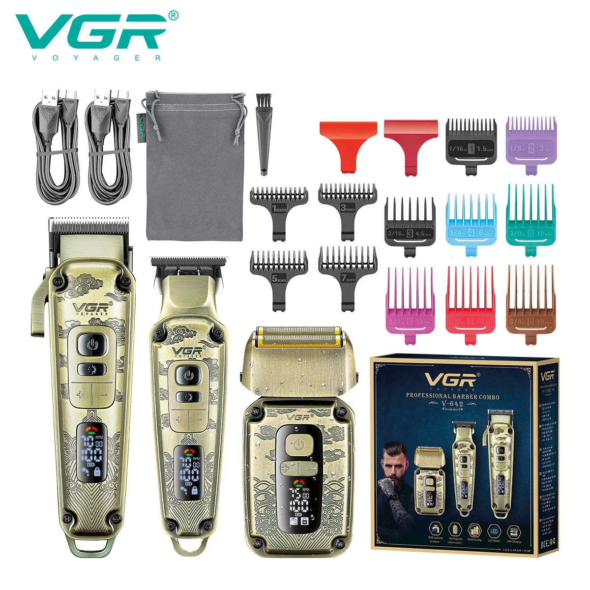 VGR professional high-end hair trimmer set, retro metal electric push shear, home LED intelligent digital hair clipper, shaver