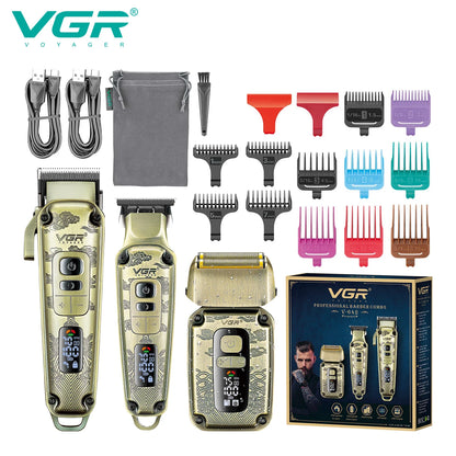VGR professional high-end hair trimmer set, retro metal electric push shear, home LED intelligent digital hair clipper, shaver