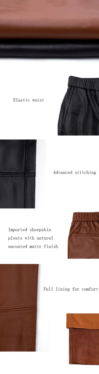 2026 New Streetwear Plus Size Pants Y2k Fashion Genuine Leather Harem Pants Women Real Sheepskin Trousers High Elastic Waist