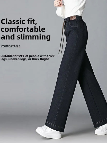High Waist Fleece Lined Thick Wide Leg Jeans Women's Casual Straight Leg Pants Autumn Winter Loose Fit Comfortable Trousers