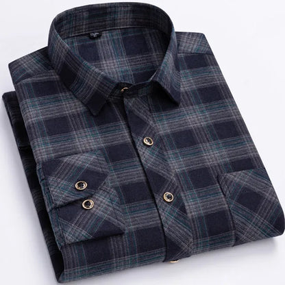 New Fashion Shirts For Men's Long Sleeve Spring Autumn Soft Regular-fit Brushed Single Pocket Checked Comfort Casual Plaid Shirt