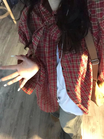 Red Plaid Loose Long Sve irt Women's Spring 2026 New Lazy Sle Coat Top Commute Pattern Button oulder Drop Length
