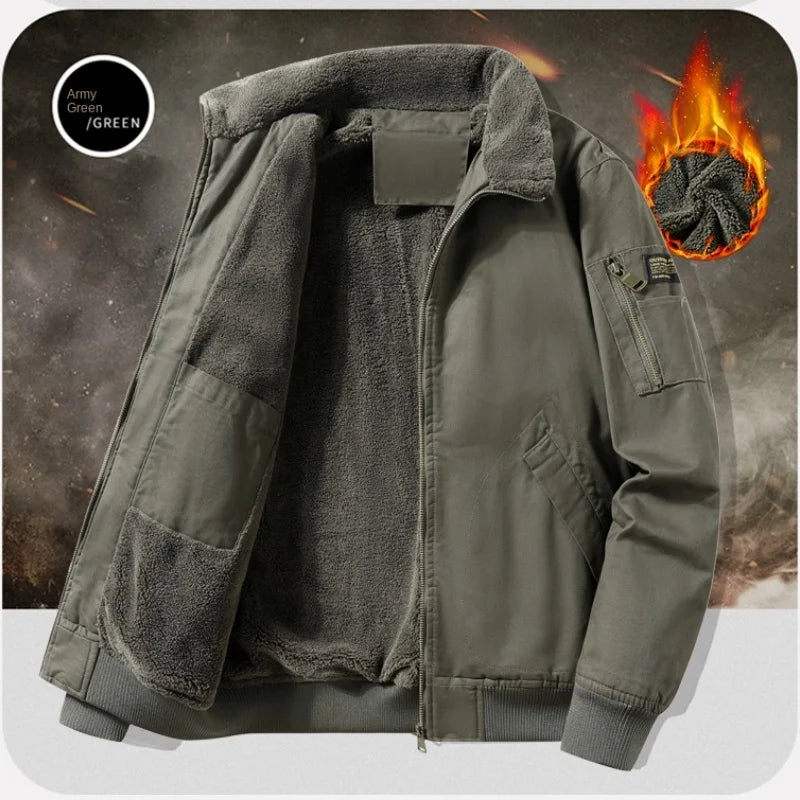 2025 New Jacket Pure Cotton Jacket Men's Plush Thickened Autumn and Winter Top Washed Workwear Casual Multi Bag Clothes