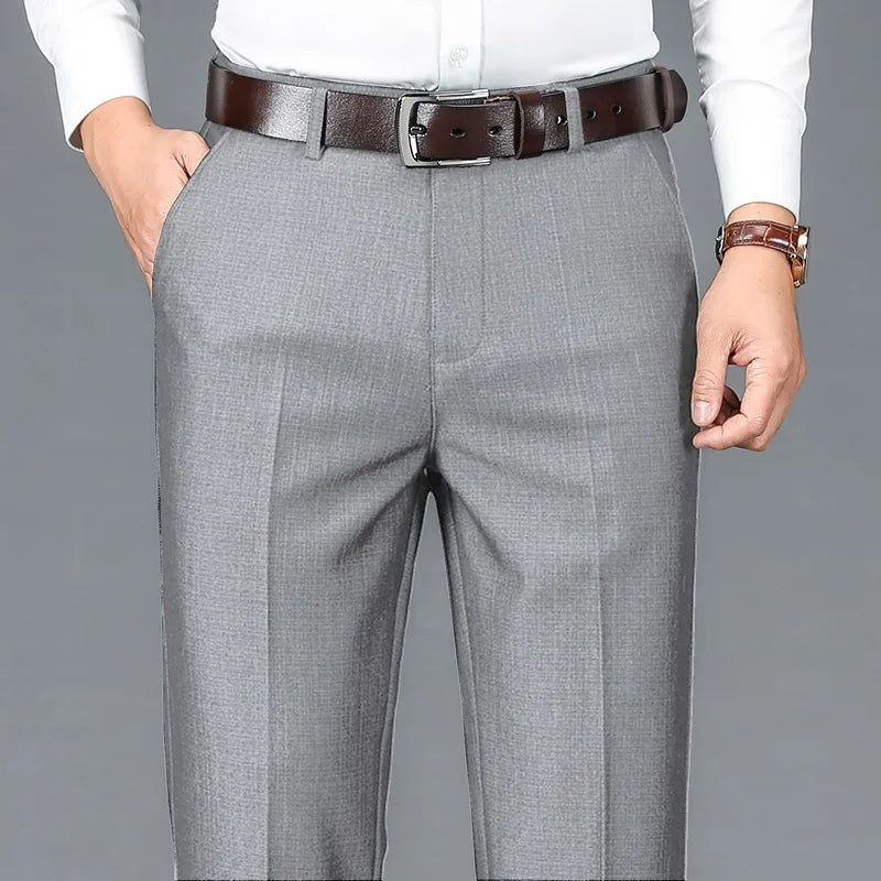 Men's Business Casual Trousers Drapey Elastic Straight Leg Spring Summer Fashionable Polyester Fiber Anti-Wrinkle Dad Pants