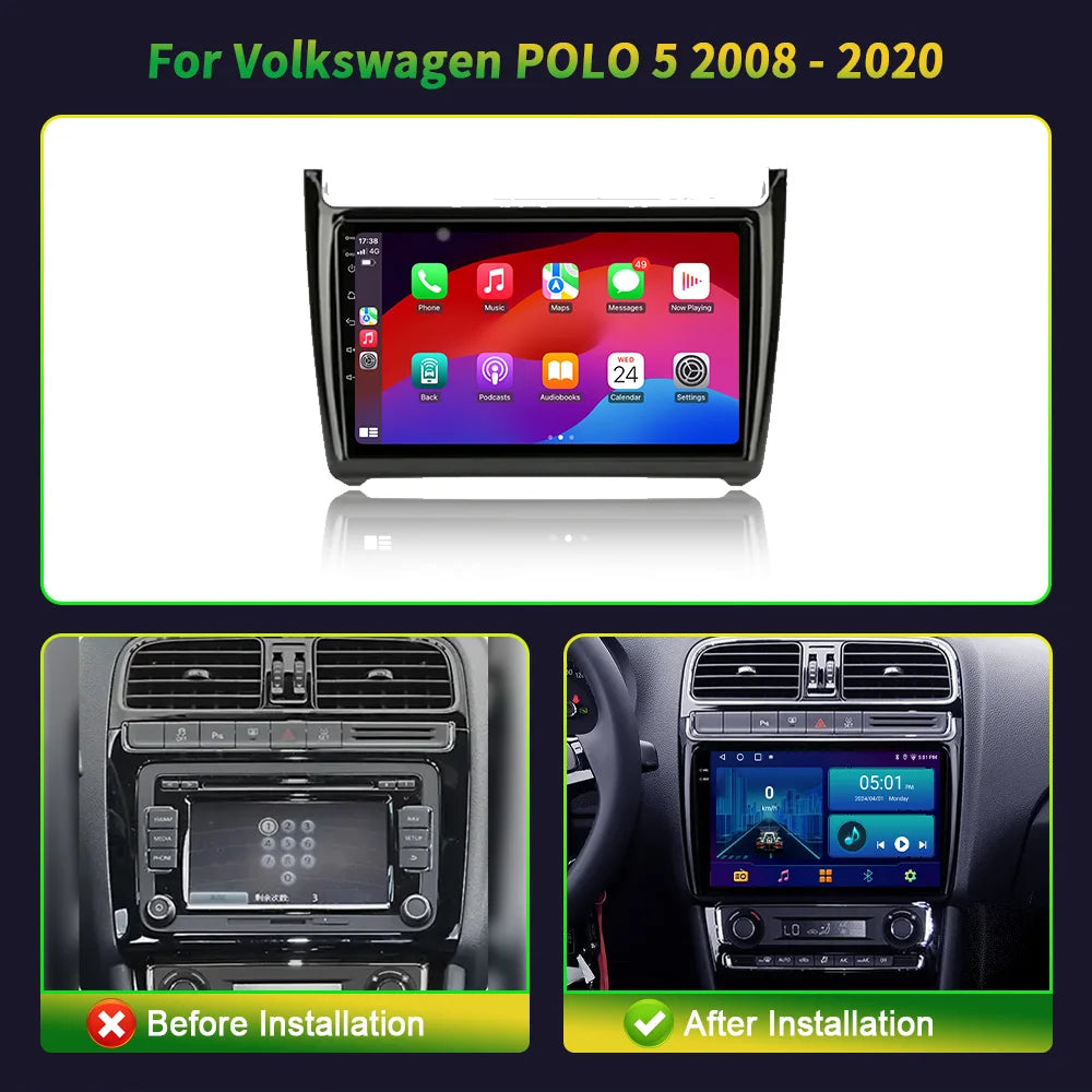 9" Car Radio For Volkswagen Polo 5 Sedan 2008-2020 Android 16 Wireless BT Carplay Multimedia Navigation Touch 2K QLED Screen