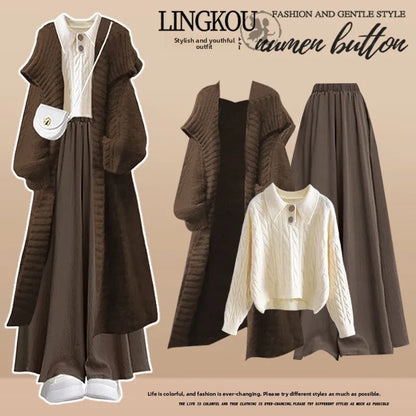 plus Size Autumn Winter Set Women's High-End Knitted Sweater Cardigan Casual Pants Three-Piece Set Comfortable Loose Fit Fashion