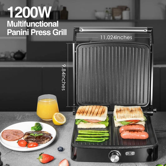 1200W Panini Press Grill with Adjustable Temperature, 4-Slice Indoor Grill, 180° Open Sandwich Maker with Drip Tray