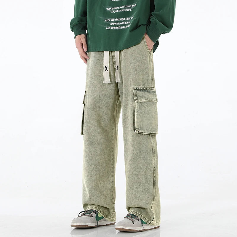 2024 New Men Baggy Cargo Jeans Fashion Streetwear Vintage Wide Leg Pants American Streetwear Y2K Big Pocket Youth Overalls