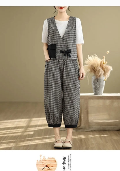 Fashionable Cotton Linen Plaid Set Casual Loose V-neck Tank Top And Lantern Pants Eighteen Loose Two-piece Set for Women