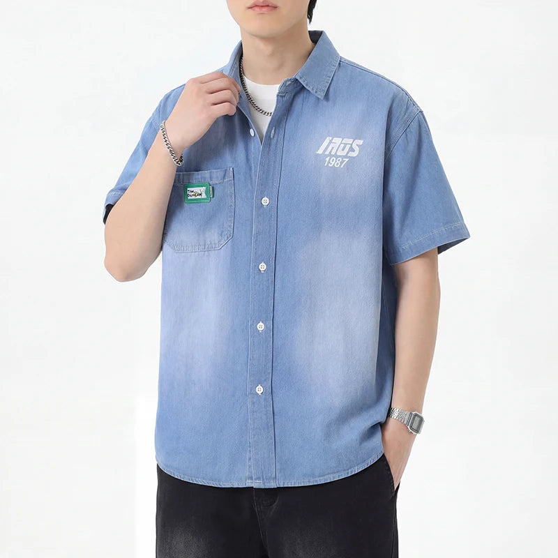 Men's Thin Denim Shirt New Summer Fashion Breathable 100% Cotton Lightweight Loose Short Sleeve Top Streetwear Daily Commute