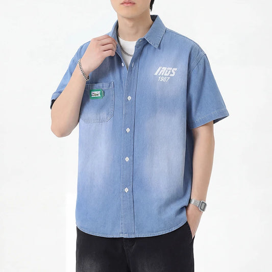Men's Thin Denim Shirt New Summer Fashion Breathable 100% Cotton Lightweight Loose Short Sleeve Top Streetwear Daily Commute