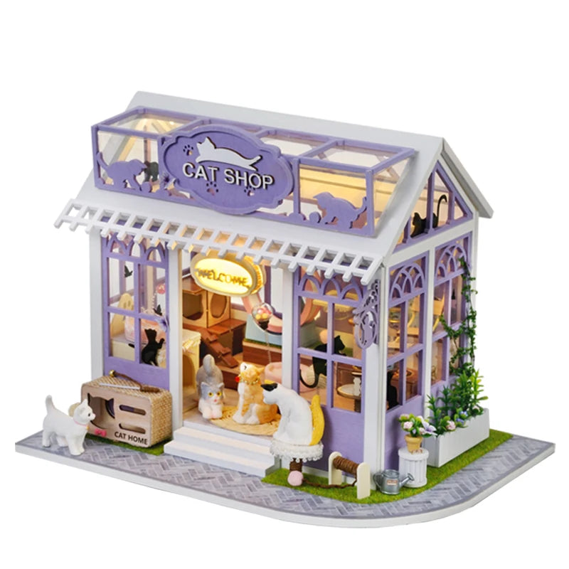 Wooden Miniature Doll House 3D Puzzle Assembly Building Model Kit Cat Shop Small Room Toys Home With Furniture Birthday Gifts