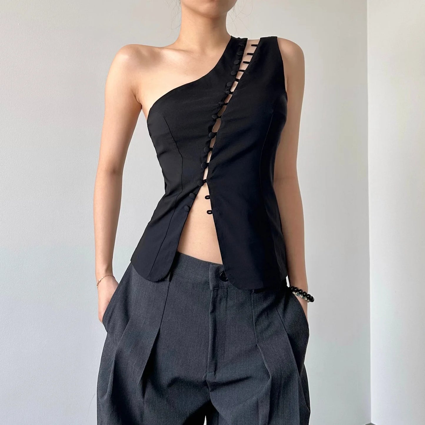 Cryptographic Elegant Asymmetrical Top with Hook and Eye Fashion Sexy Cut Out Backless Split Tops Slim Vest Summer Clothes