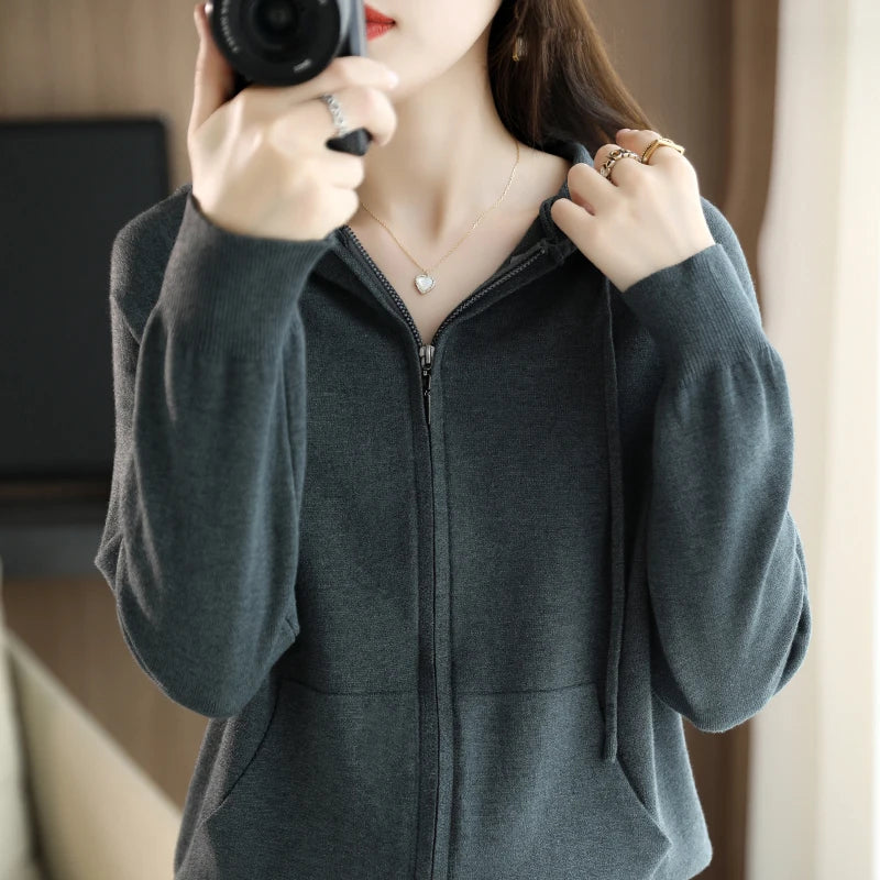 Explosions Women's Hooded Padded Long-Sleeved Sweater Cardigan Sweater Coat Beige Loose Zipper Coat Jacket