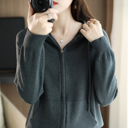Explosions Women's Hooded Padded Long-Sleeved Sweater Cardigan Sweater Coat Beige Loose Zipper Coat Jacket